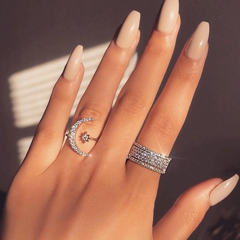 Mondsichel Stern Ring Kupfer Zirkon 18K Vergoldet Verstellbar Offen Statement Schmuck Für Damen Romantisches Geschenk