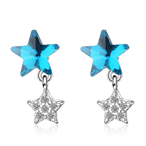 Pendientes de Botón de Estrella de Cristal Artificial Azul Con Poste de Plata de Ley 925 Doble Estrella de Strass Joyería