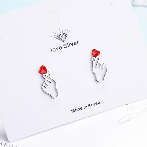 Orecchini a Bottone in Stile Coreano con Cuore a Dito Gesto d'Amore Rosso in Rame Smaltato Gioielli alla Moda per Donna Ragazza