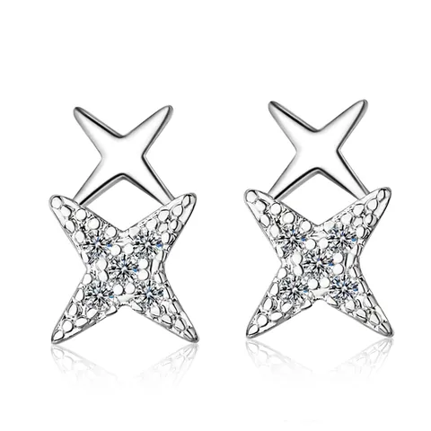 Minimalisti Orecchini a Bottone a Stella a Doppio Strato in Rame per Donna Placcati Argento Strass Stella a Quattro Punte Gioielli Accessori