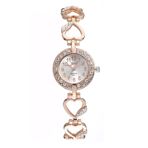 Women Quartz Watch Round Dial Arabic Numerals Alloy Heart Shaped Hollow Strap Rhinestone Elegant Ladies Wristwatch