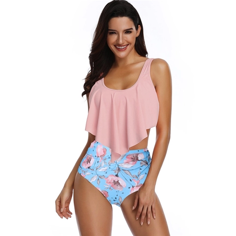 Women Ruffle Trim Swimsuit High Waisted Tummy Control Nylon Swimwear Floral Geometric Print Sexy Beachwear Tankini Top And Bottom