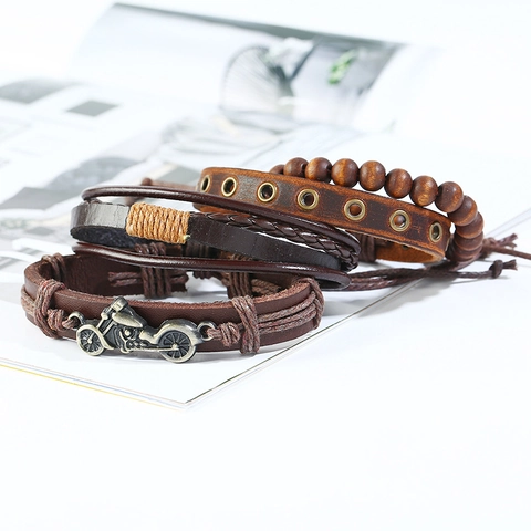 Braided Leather And Wood Bead Bracelets Alloy Motorcycle Charm Retro Punk Multi Layer Jewelry For Men Brown