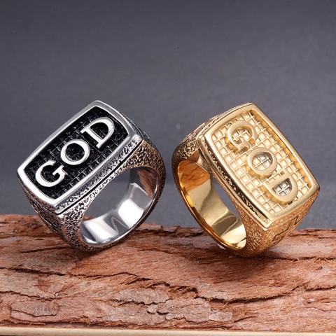 Anello Con Sigillo Da Uomo In Acciaio Inossidabile Scritta GOD Croce Retro Hip Hop Punk Texture Martellata Vintage Lucidato
