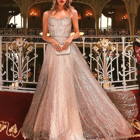 Women Sexy Sleeveless Sequin Mesh Evening Dress Champagne Gold Sling Maxi Party Wedding Gown Elegant Big Swing Luxury