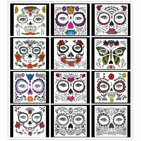 Halloween Gesicht Temporäre Tattoos Wasserdicht Zucker Schädel Tag Der Toten Floral Skelett Aufkleber Für Maskenball Party Makeup