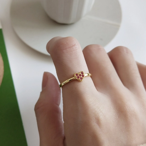 Herz Ring Aus 925 Sterlingsilber 18 Karat Vergoldet Roter Zirkonia Verstellbar Minimalistischer Schmuck Für Damen