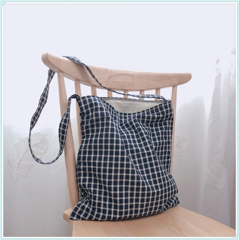 Plaid Gingham Tote Bag Cotton Linen Canvas Shoulder Bag Zipper Closure Japanese Minimalist Casual Handbag Women