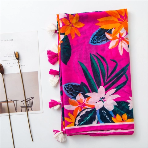 Sciarpa Scialle Stampa Tropicale Misto Cotone Lino Nappine Vacanze Al Mare Protezione Solare Estiva Donna