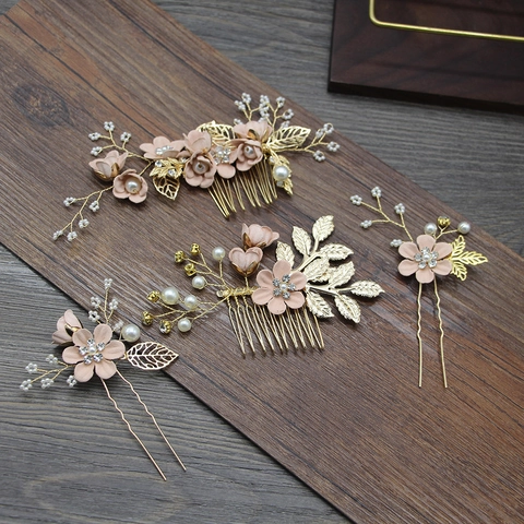 Ensemble Peigne et Épingle à Cheveux de Mariée Floral Style Mori Fait Main Alliage Perle Artificielle Strass Bijoux