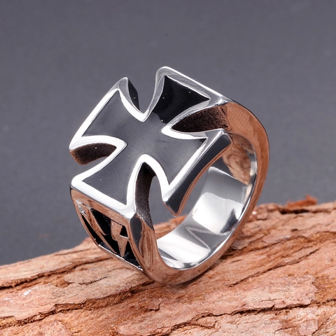 Vintage Men's Stainless Steel Ring With Iron Cross And Lightning Bolt Punk Biker Style Jewelry