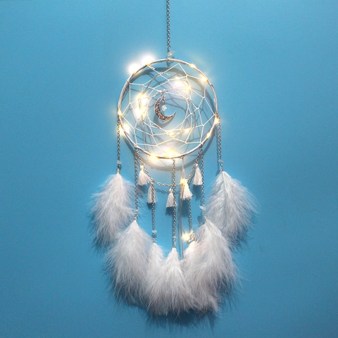 Modern Minimalistisch Mond Traumfänger Wandbehang Deko Handgewebt Federquaste Anhänger Mit LED Lichterkette Kreativ Handwerk Geschenk Für Haus Schlafzimmer Büro Dekoration