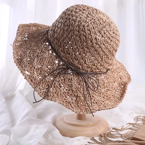 Women Straw Bucket Hat Wide Brim Sunshade Woven Beach Hat Scallop Edge Bow Knot Summer Vacation Foldable