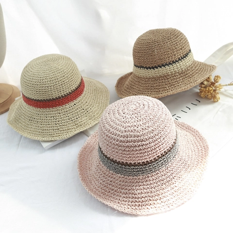 Cappello Di Paglia Da Donna Bucket Tesa Larga Protezione Solare Traspirante Pieghevole Vacanze Spiaggia Uncinetto Nastro Contrasto