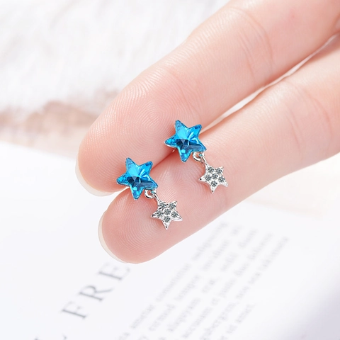 Pendientes de Botón de Estrella de Cristal Artificial Azul Con Poste de Plata de Ley 925 Doble Estrella de Strass Joyería