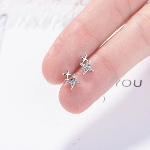 Minimalisti Orecchini a Bottone a Stella a Doppio Strato in Rame per Donna Placcati Argento Strass Stella a Quattro Punte Gioielli Accessori
