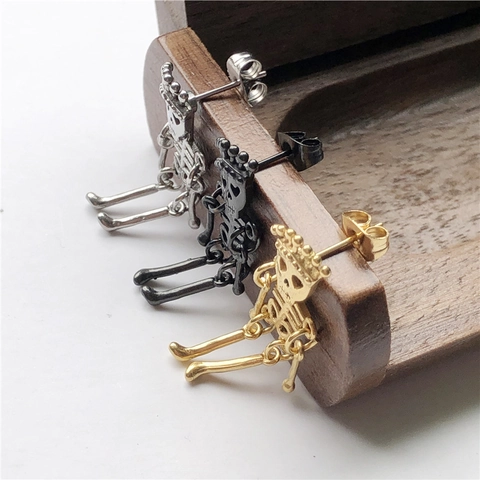 Skull Skeleton Stud Earrings With Crown Movable Body Stainless Steel Punk Gothic Style Jewelry For Men Women