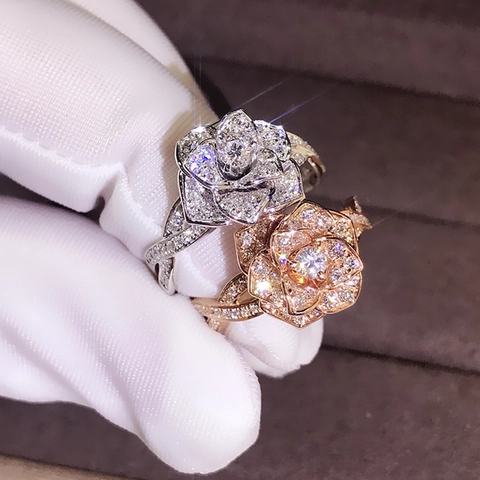 Anillo De Lujo De Zirconia Con Flor De Rosa Para Mujer Elegante Cobre Incrustado Strass Oro Rosa Plateado Joyería Floral