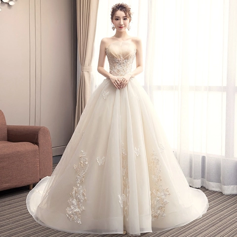 Trägerloses Champagner Hochzeitskleid Spitze Schmetterling Stickerei Pailletten Herz Ausschnitt Mesh Brautkleid