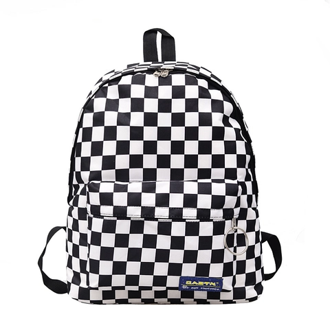 Checkerboard Casual Backpack Nylon Canvas Streetwear School Travel Bag For Women Students Large Capacity Front Pocket