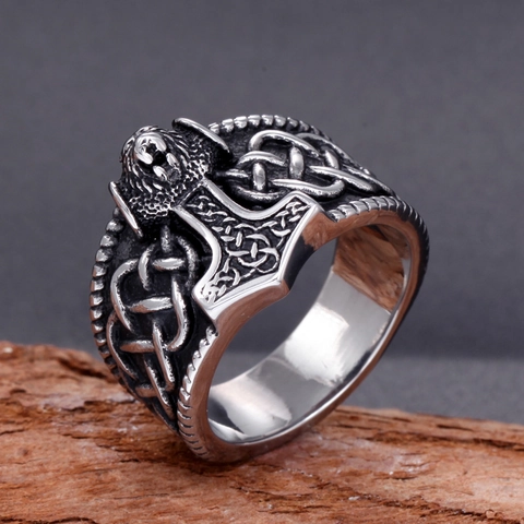 Viking Mjolnir Ring 316L Stainless Steel Thor Hammer Wolf Head Celtic Knot Retro Antique Silver Band Men Jewelry