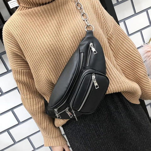 Zwarte PU Leren Heuptas Meerdere Ritszakken Verstelbare Riem Metalen Ketting Detail Trendy Retro Crossbody Borsttas