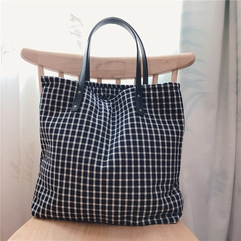 Gingham Katoenen Canvas Tote Tas Grote Capaciteit Schoudertas Met PU Leren Handvat Klinknagels Rits Minimalistische Stijl