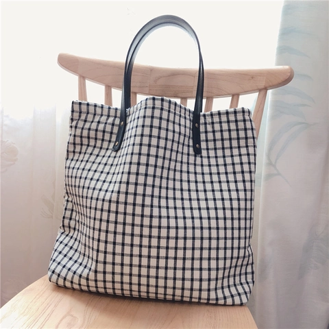 Gingham Katoenen Canvas Tote Tas Grote Capaciteit Schoudertas Met PU Leren Handvat Klinknagels Rits Minimalistische Stijl