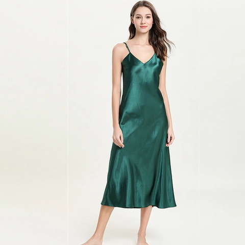 Women's Sexy V-Neck Satin Nightgown Spaghetti Strap Long Sleepwear Simple Casual Summer Home Gown Comfortable Breathable Nightdress