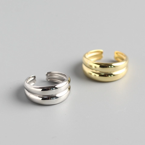 Anillo Minimalista De Doble Capa De Plata De Ley 925 Liso Ancho Abierto Ajustable Joyería De Moda Mujer