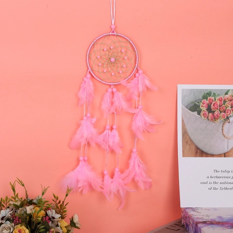Acchiappasogni Rosa Fatto A Mano Piuma Perline Luce LED Decorazione Parete Ornamento Casa