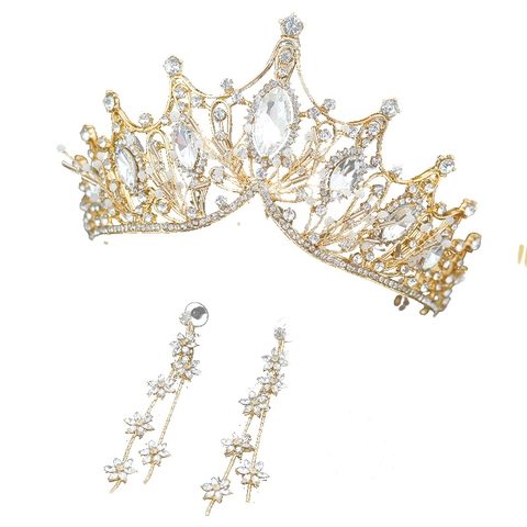 Luxury Rhinestone Bridal Crown And Earrings Alloy Artificial Pearl Wedding Hair Accessories For Women Baroque Elegant Headwear