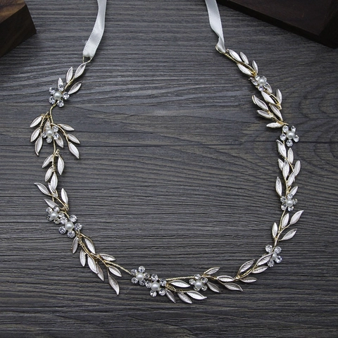 Bridal Headband Hairband Hand-woven Alloy Leaf Flower Rhinestone Artificial Pearl Wedding Hair Accessories For Women Elegant