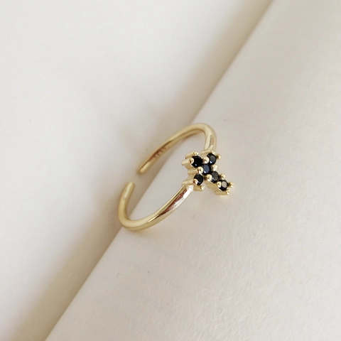 Anello Croce In Argento Sterling 925 Placcato Oro 18K Zirconia Nera Regolabile Aperto Gioielli Minimalisti Donna