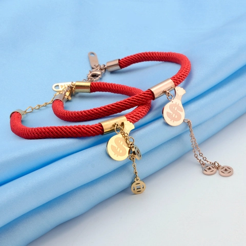 Lucky Fortune Red Rope Bracelet Money Bag Dollar Sign Titanium Steel Woven Cord Adjustable Wealth Charm For Women