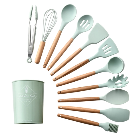 Utensili Da Cucina In Silicone Con Manici In Legno Di Faggio Resistente Al Calore Antiaderente Spatola Cucchiaio Pinze Verde Menta