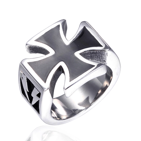 Vintage Men's Stainless Steel Ring With Iron Cross And Lightning Bolt Punk Biker Style Jewelry