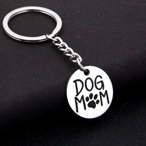Stainless Steel Dog Mom Keychain With Paw Print Polished Silver Alloy Memorial Keyring Gift For Pet Lovers Mother Day Women Jewelry