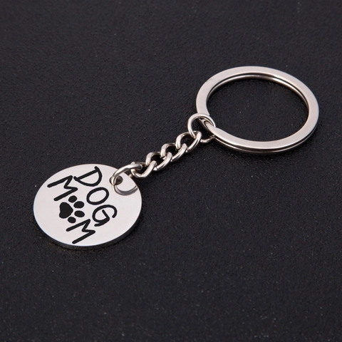 Stainless Steel Dog Mom Keychain With Paw Print Polished Silver Alloy Memorial Keyring Gift For Pet Lovers Mother Day Women Jewelry