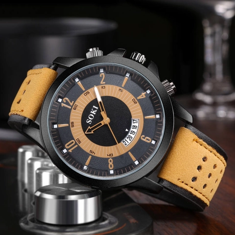 SOKI Men's Sports Quartz Watch Alloy Case PU Leather Strap Calendar Date Display Military Style Fashion Wristwatch Gift
