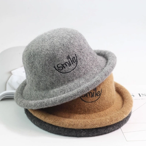 Kids Wool Felt Cloche Hat Vintage Round Top Rolled Edge Smile Embroidery Warm Winter Basin Hat For Toddlers
