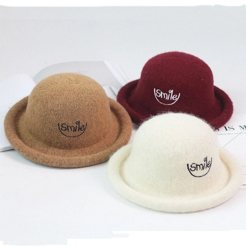 Kids Wool Felt Cloche Hat Vintage Round Top Rolled Edge Smile Embroidery Warm Winter Basin Hat For Toddlers