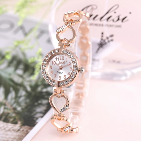 Women Quartz Watch Round Dial Arabic Numerals Alloy Heart Shaped Hollow Strap Rhinestone Elegant Ladies Wristwatch
