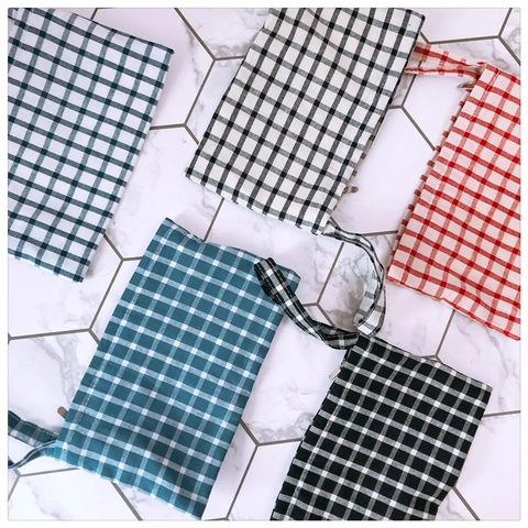 Minimalist Plaid Cotton Canvas Wristlet Clutch Bag Phone Purse With Zipper Closure Hand Strap Korean Style Women