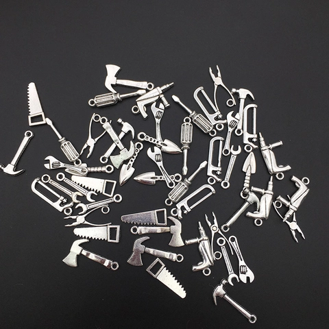 50Pcs Antique Silver Alloy Mini Simulation Tool Pendants DIY Jewelry Making Charms Hammer Axe Wrench Screwdriver Accessories