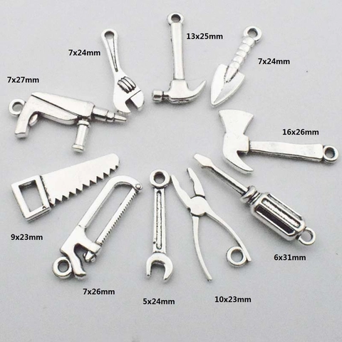 Simulation Tool Charms Zinc Alloy Antique Silver Plated Hammer Axe Wrench Saw Screwdriver Pliers For DIY Jewelry Making Crafting