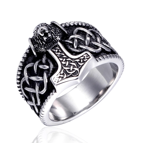 Viking Mjolnir Ring 316L Stainless Steel Thor Hammer Wolf Head Celtic Knot Retro Antique Silver Band Men Jewelry