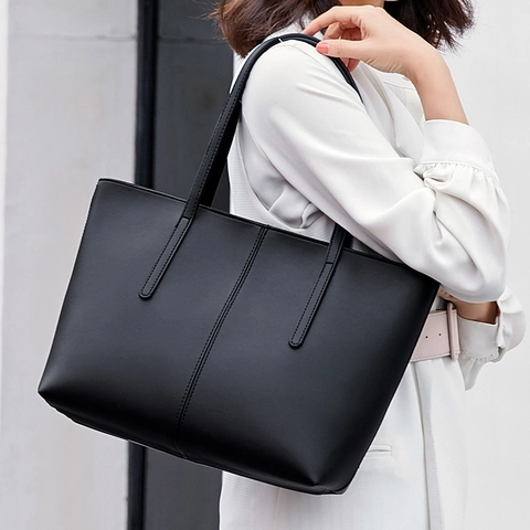 Große Damen Tote Bag PU Leder Einfache Pendler Umhängetasche Mit Reißverschluss Mehrere Fächer Tägliche Mode Handtasche