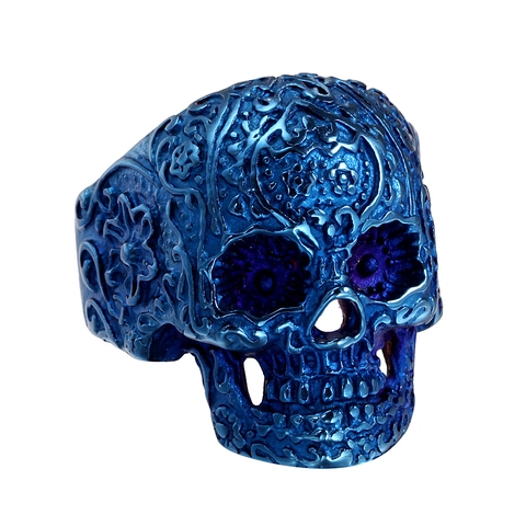 Anillo de Calavere Vintage de Acero Inoxidable Hombre Punk Gótico Grabado Floral Esqueleto Joyería Biker Regalo Fiesta Oro Negro Azul