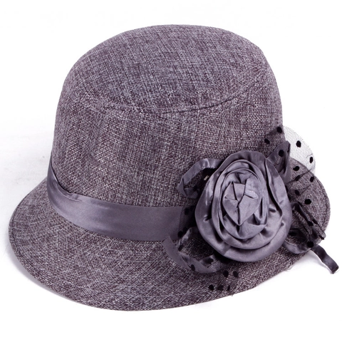 Women Elegant Linen Look Cloche Hat With Large Satin Flower Polka Dot Mesh Decor Retro French Style Autumn Bucket Hat For Lady Travel